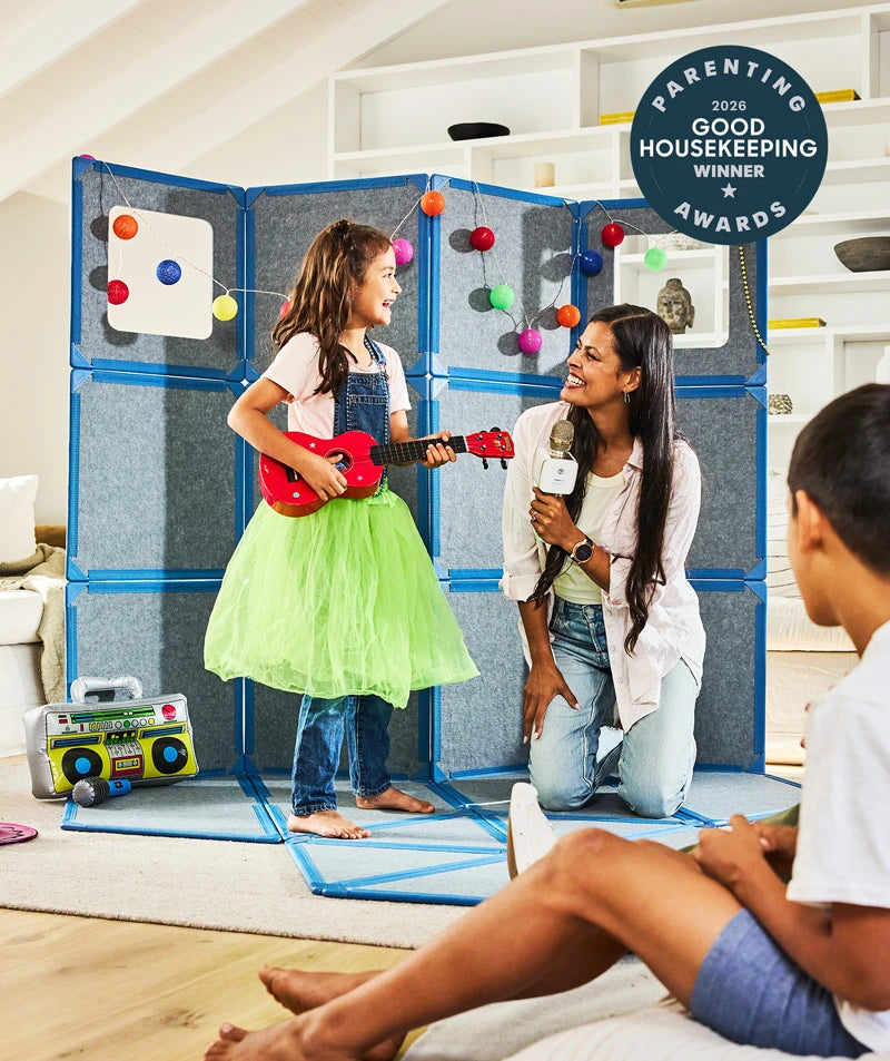 color:Blue | Kids playing in a life-size fort built with Blue giant magnetic tiles from The Big Set