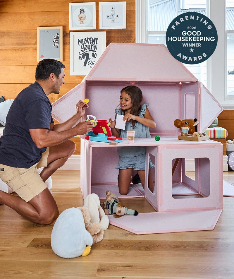 color:Marshmallow | Kids playing in a life-size fort built with Marshmallow giant magnetic tiles from The Big Set