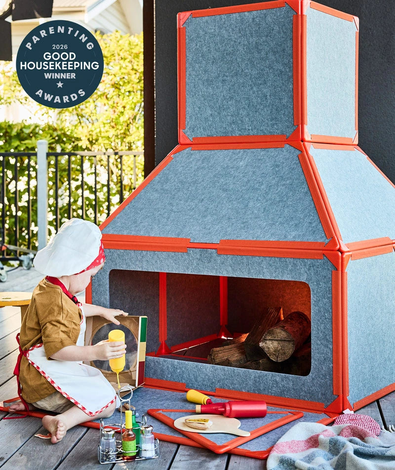 color:Orange | Kids playing in a life-size fort built with Orange giant magnetic tiles from The Big Set