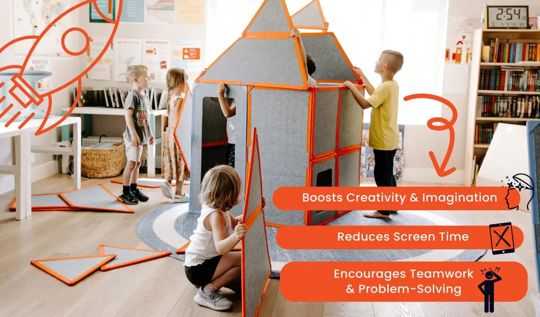 Children playing with the Superspace Big Set in the vibrant orange variant, building a life-sized structure using magnetic panels. The image emphasizes the playset's benefits, including boosting creativity and imagination, reducing screen time, and encouraging teamwork and problem-solving. Ideal for open-ended, collaborative play.