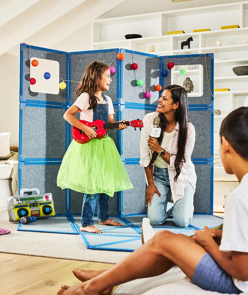 color:Blue | Kids playing in a life-size fort built with Blue giant magnetic tiles from The Big Set