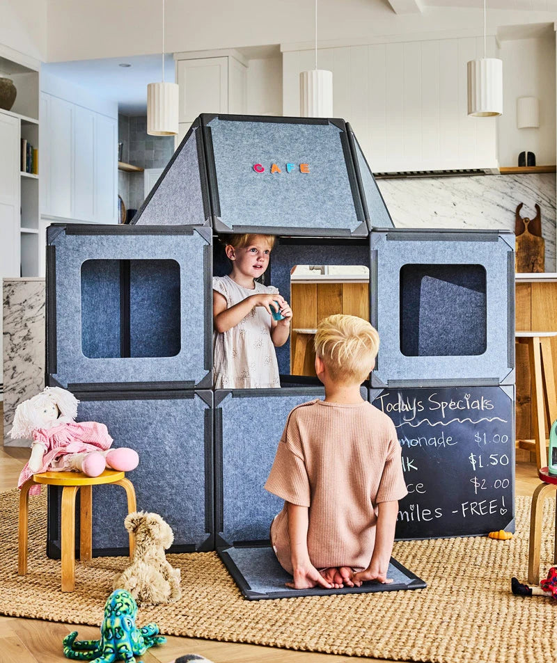 color:Charcoal | Kids playing in a life-size fort built with Charcoal giant magnetic tiles from The Big Set