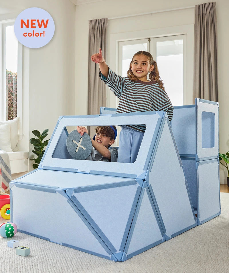 color:Sea Mist | Two kids playing in a Sea Mist Big Set magnetic fort with a window and steering wheel