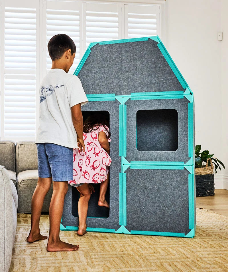color:Turquoise | Kids playing in a life-size fort built with Turquoise giant magnetic tiles from The Big Set
