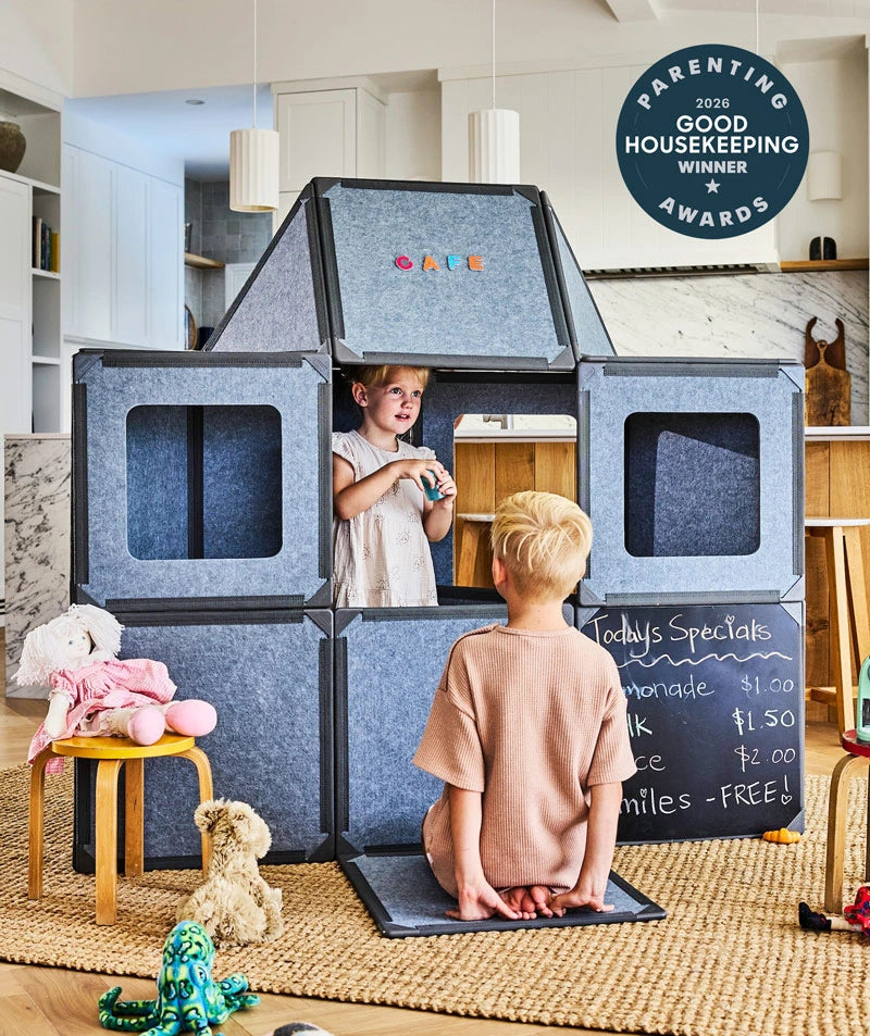 color:Charcoal | Kids playing in a life-size fort built with Charcoal giant magnetic tiles from The Big Set