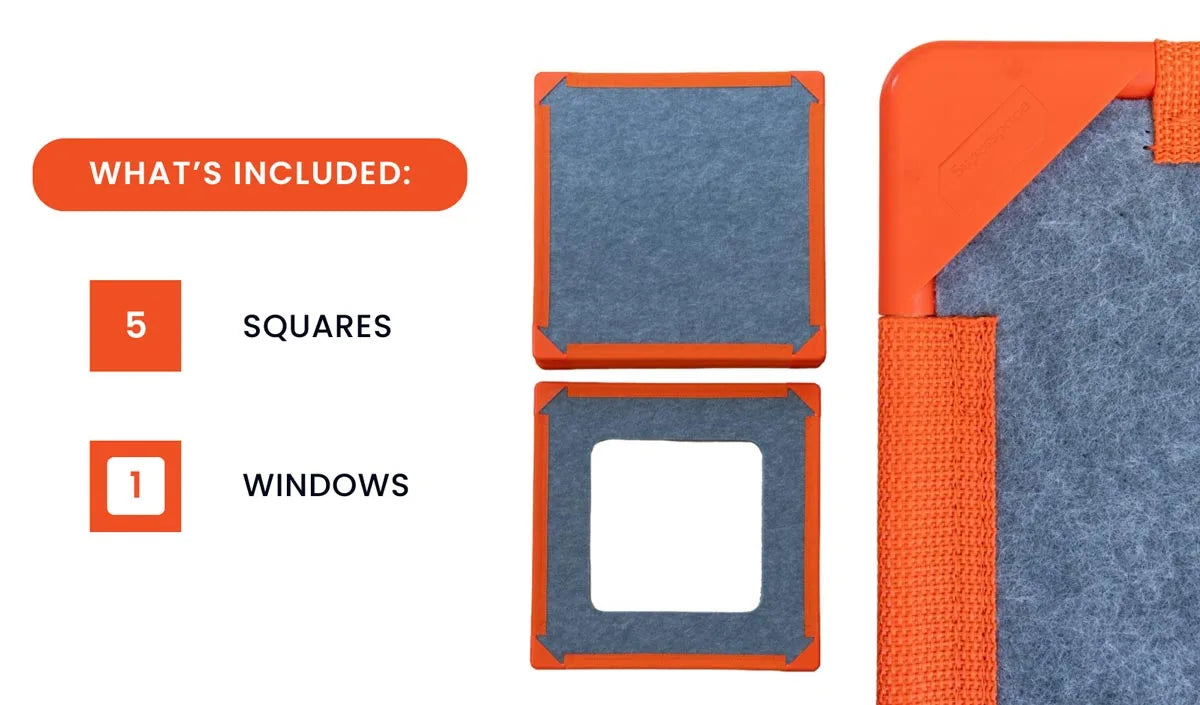 The Squares Add-On Pack by Superspace contents: 5 square panels and 1 window panel, showcasing what's included in Superspace modular playsets.