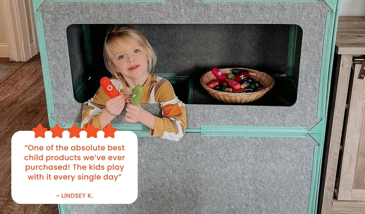 A child playing with the Superspace Rectangles Add-On Pack, accompanied by a glowing review stating, "One of the absolute best child products we've ever purchased! The kids play with it every single day."