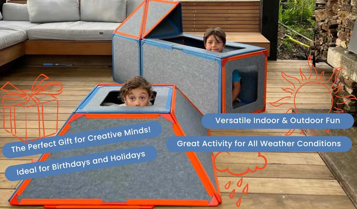Children enjoying The Squares Add-On Pack by Superspace, building a structure outdoors with their dog. Versatile indoor and outdoor fun, perfect gift for creative minds, ideal for birthdays and holidays with Superspace toys.