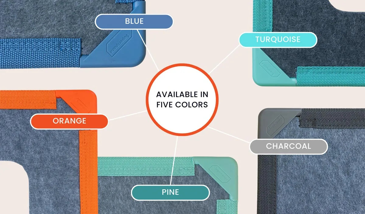 The Squares Add-On Pack by Superspace available in vibrant colors: Blue, Turquoise, Charcoal, Orange, and Pine, showcasing Superspace color options.