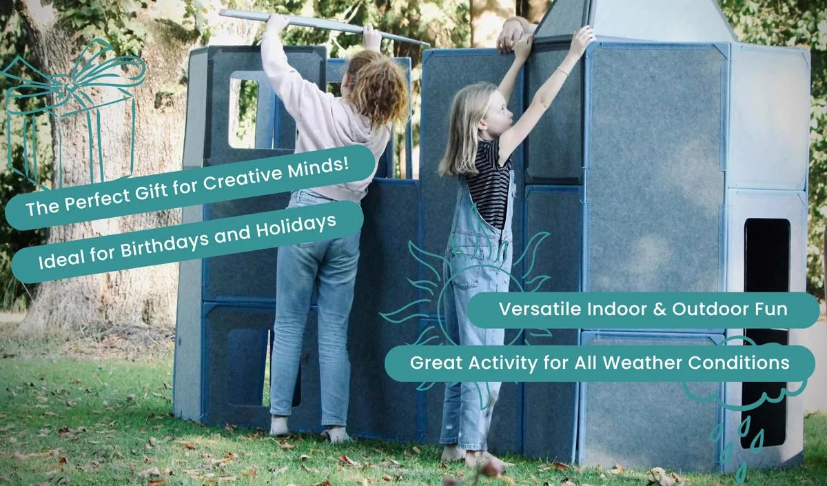 Children playing with the Superspace Rectangles Add-On Pack outdoors, promoting it as the perfect gift for creative minds, ideal for birthdays and holidays, and suitable for all weather conditions.